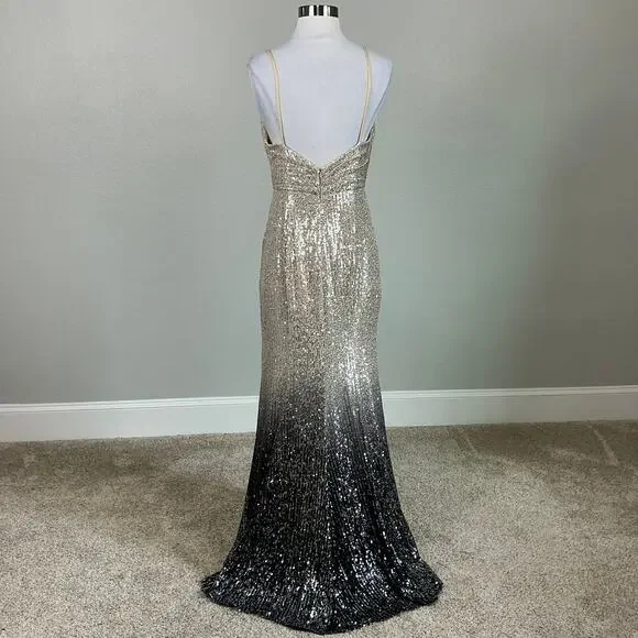 Mac Duggal Ombre Sequined Long Column Evening Gown Black and Gold Size 6 Dress - Picture 3 of 13